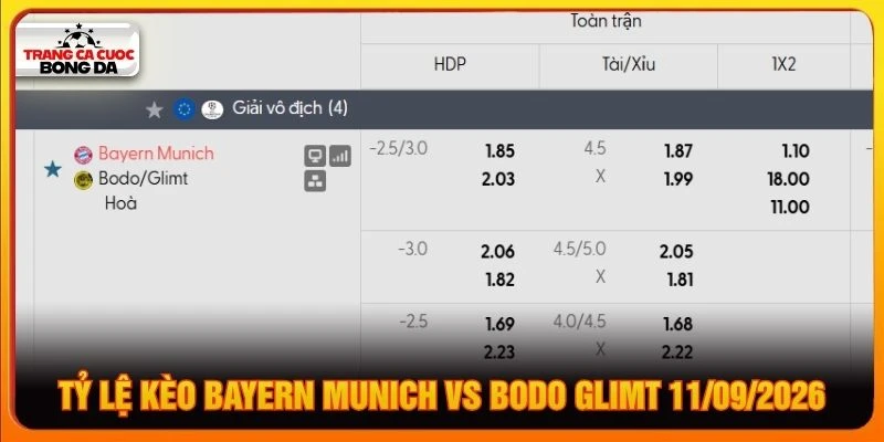 Tỷ lệ kèo Bayern Munich vs Bodo Glimt 11/09/2026